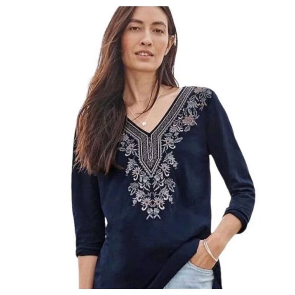 ✨J. Jill Navy Cotton Modal Embroidered Tunic Sz Large Top✨